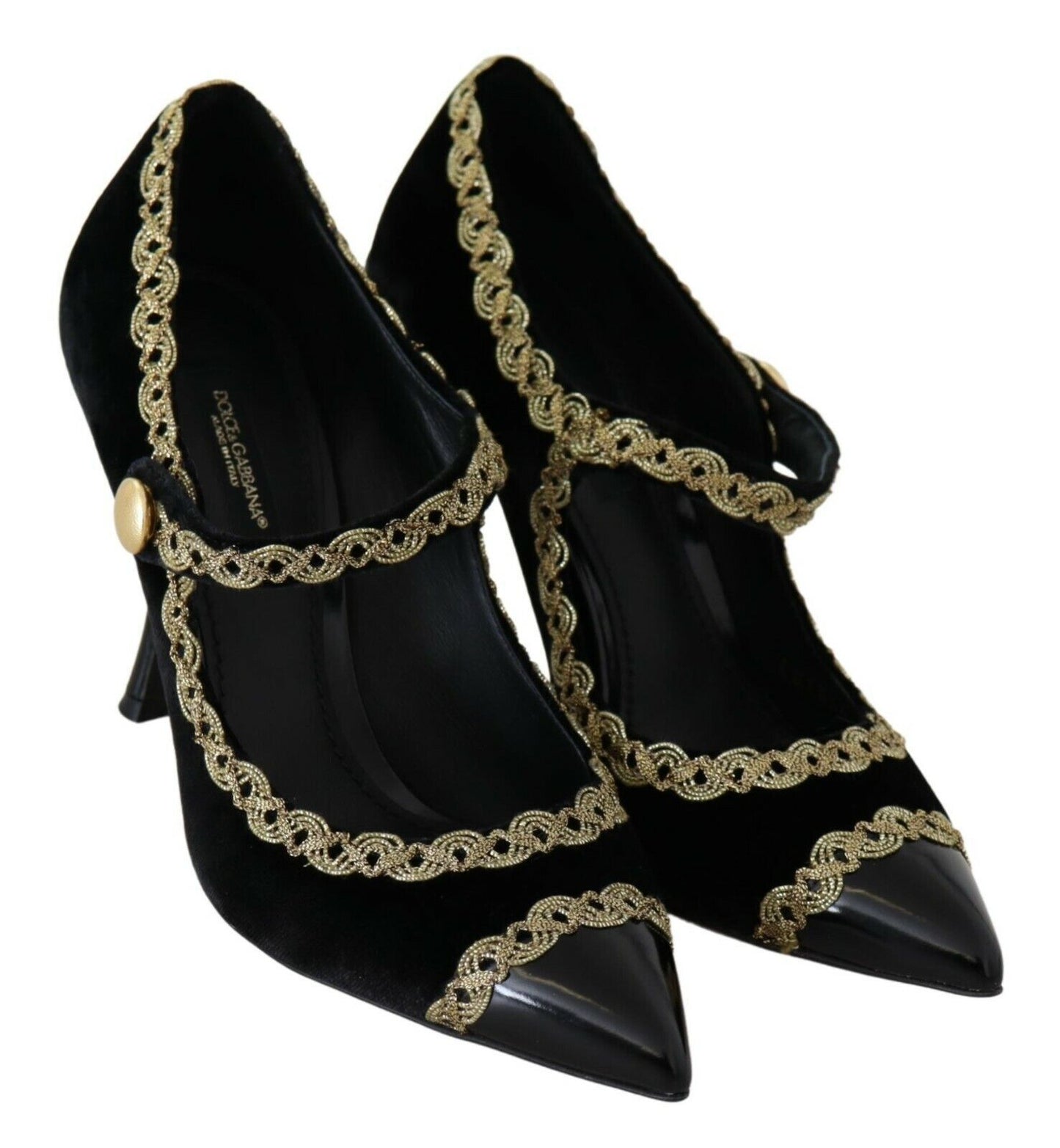 Elegante gouden geborduurde zwarte fluwelen pumps