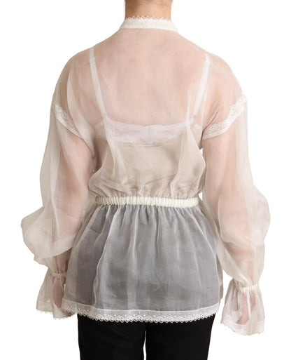 Elegante witte zijden-katoenen Ascot blouse