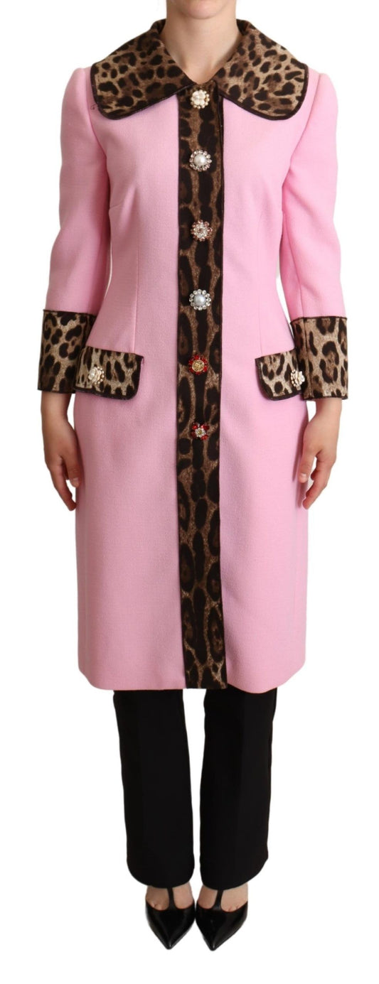 Chique roze luipaard trenchcoat met kristallen knopen