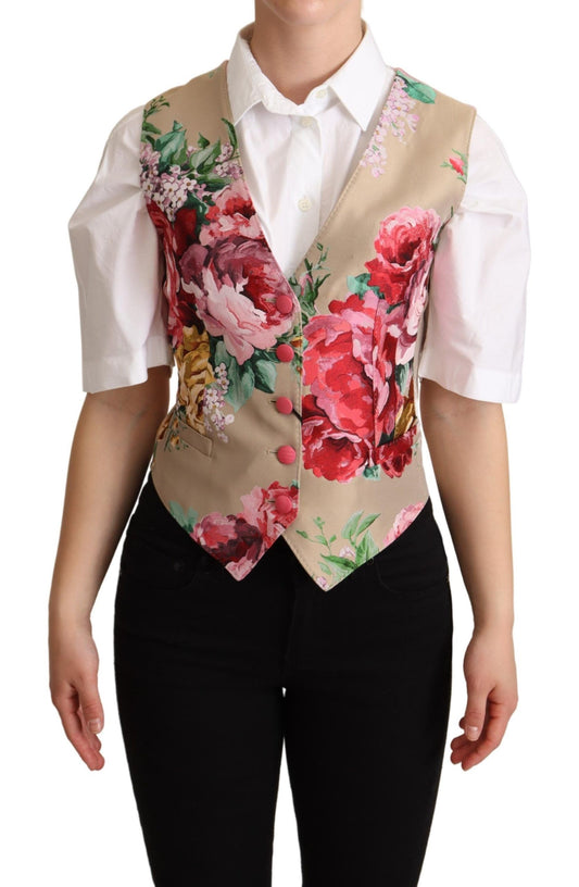 Elegante bloemen beige mouwloze vest