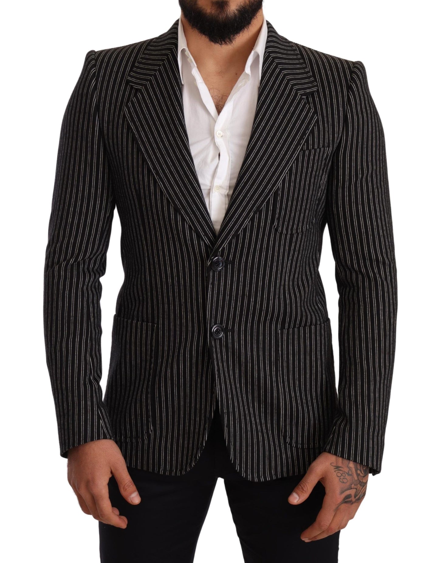 Elegante zwarte gestreepte maagdelijke wollen blazer