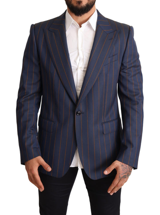 Elegante Slim Fit Blauw Gestreepte Wollen Blazer