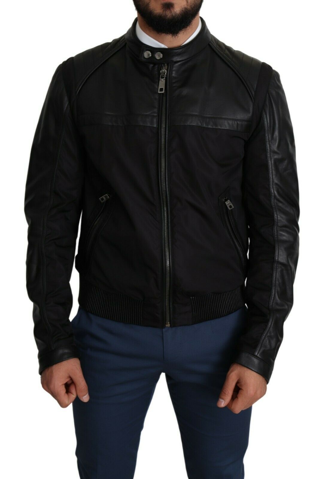 Elegante zwarte bomber met leren accenten