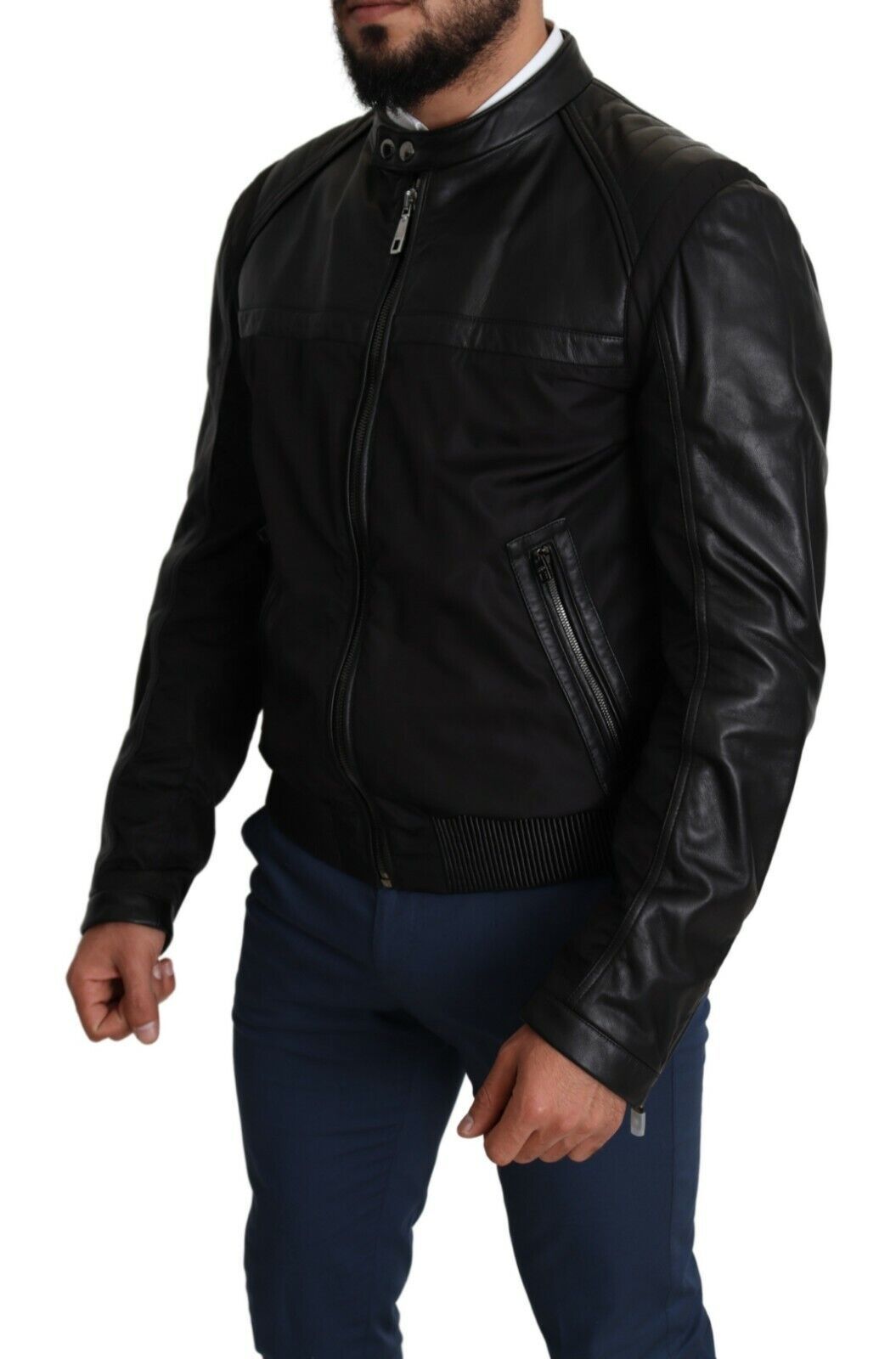 Elegante zwarte bomber met leren accenten