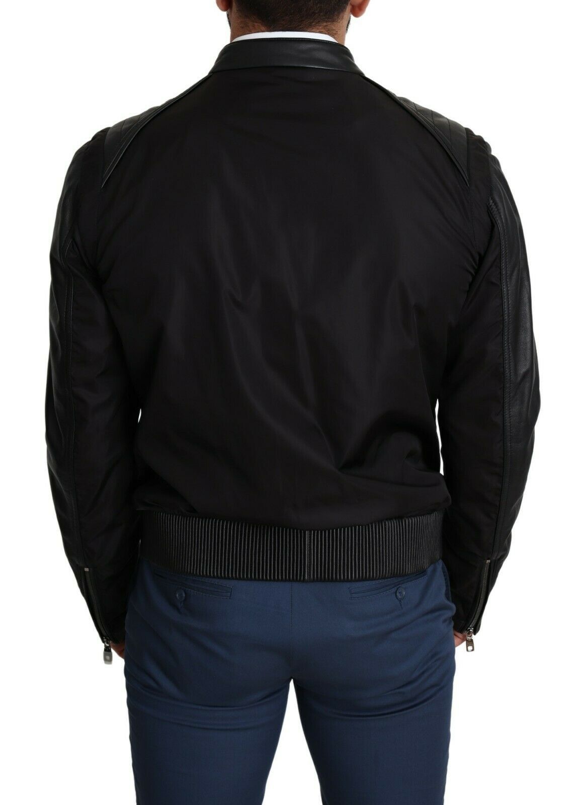 Elegante zwarte bomber met leren accenten