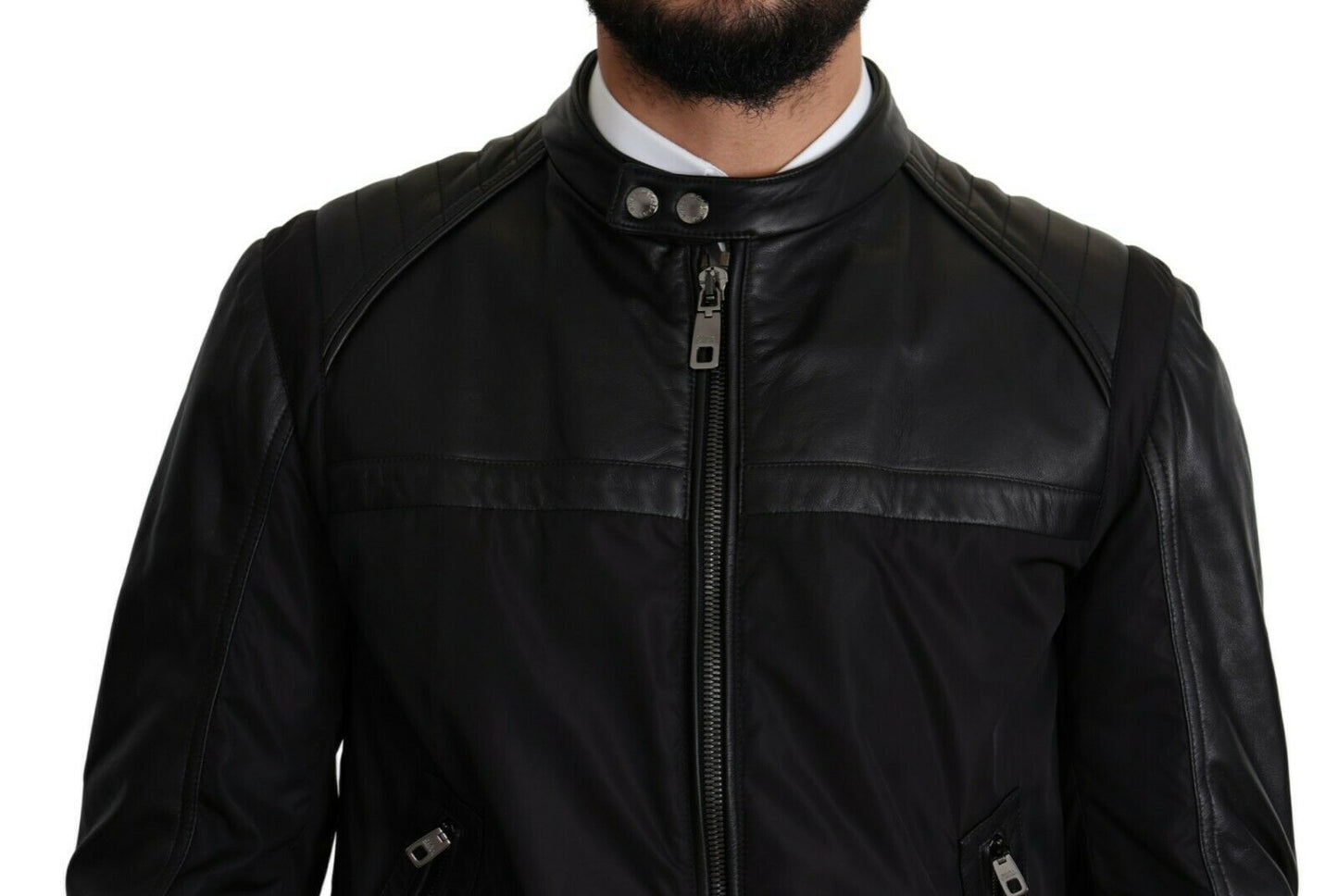 Elegante zwarte bomber met leren accenten