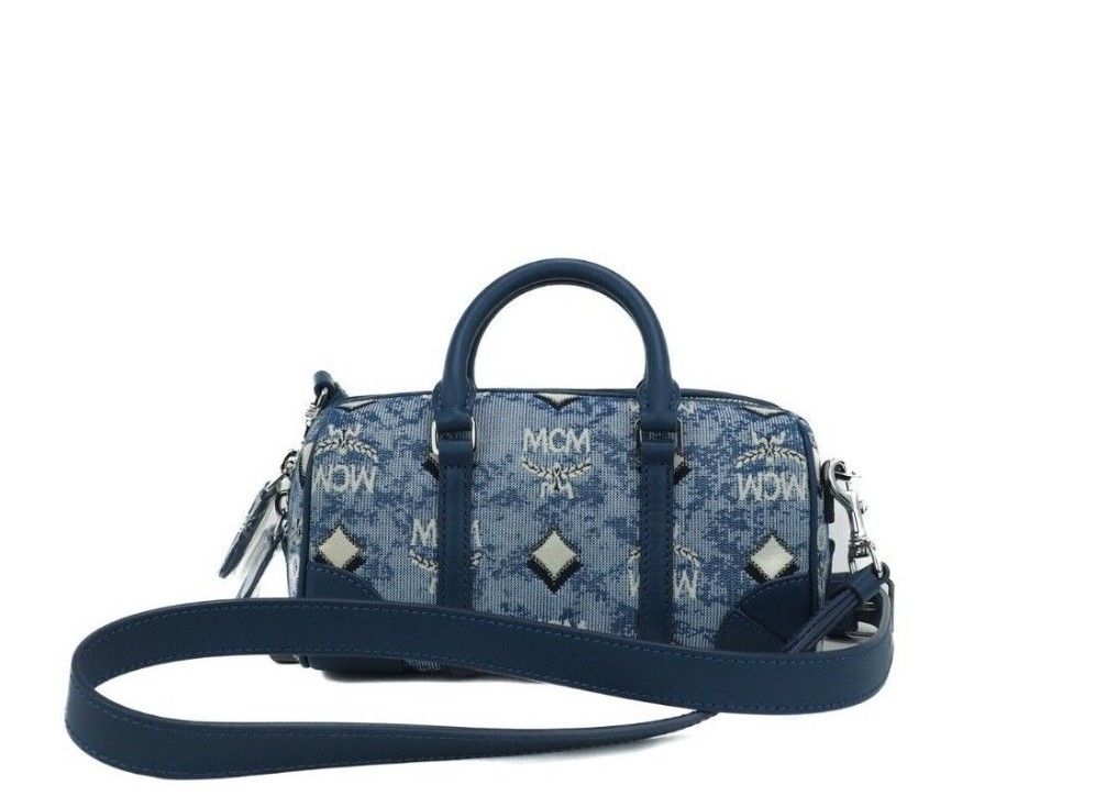 Boston Mini Blauwe Vintage Jacquard Logo Stof Satchel Crossbody Handtas