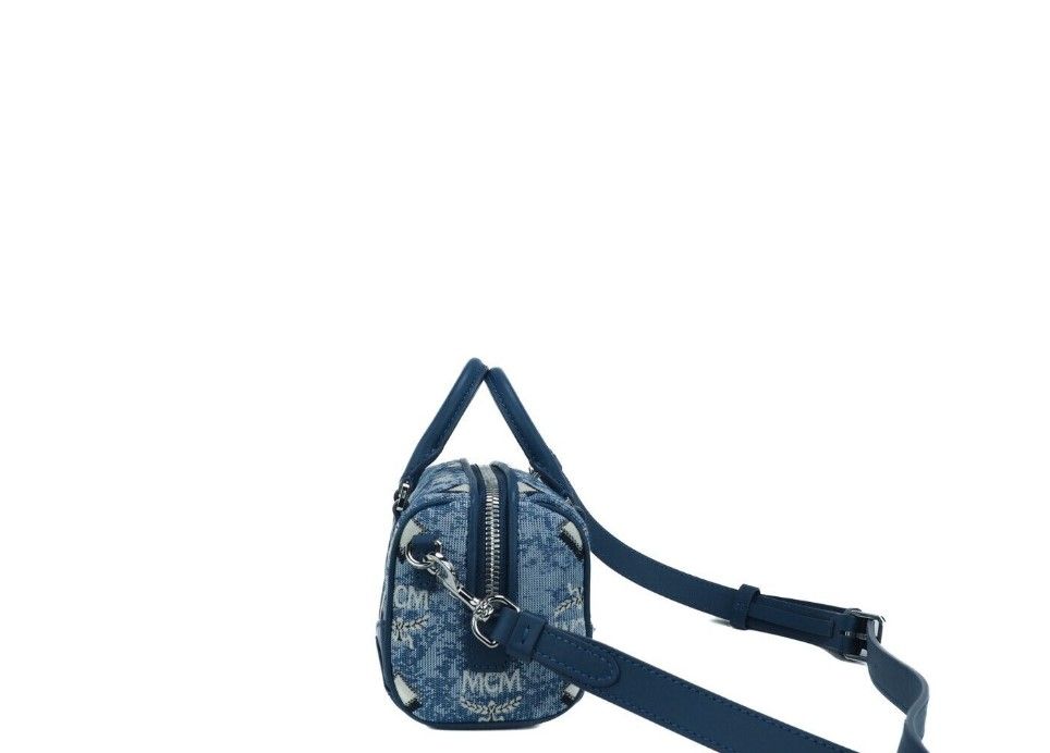 Boston Mini Blauwe Vintage Jacquard Logo Stof Satchel Crossbody Handtas