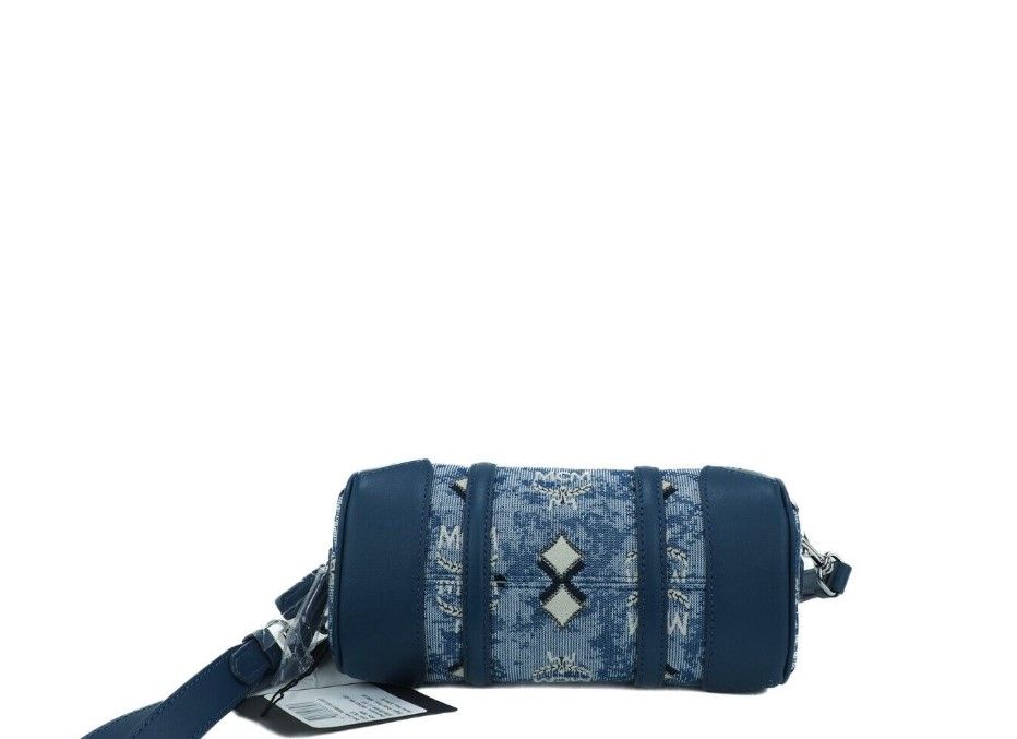 Boston Mini Blauwe Vintage Jacquard Logo Stof Satchel Crossbody Handtas