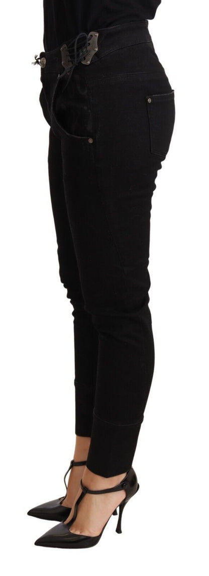 Chique, zwarte skinny katoenen broek met lage taille