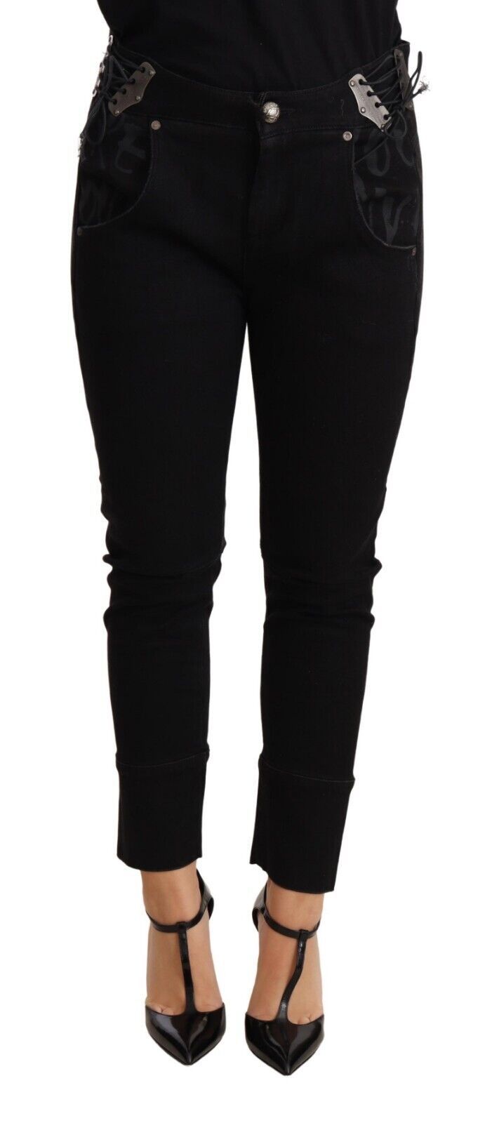 Chique, zwarte skinny katoenen broek met lage taille