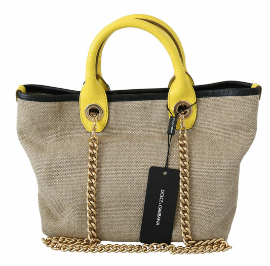 Beige linnen-kalfsleren tas met gouden ketting