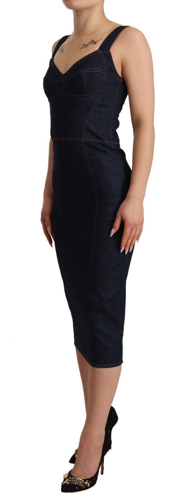 Elegante donkerblauwe denim mantel midi-jurk