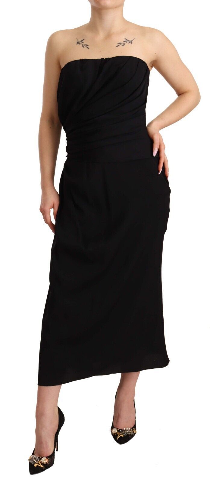 Elegante strapless zijden midi-jurk