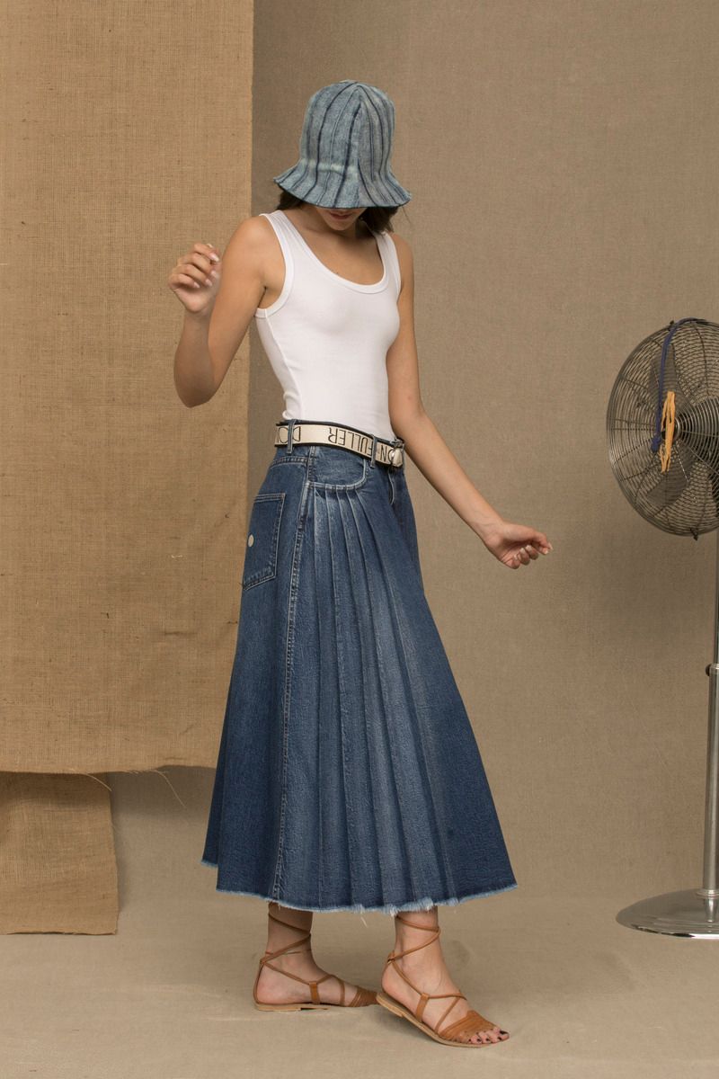 Chique blauwe denim geplooide rok