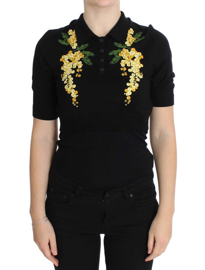 Elegant Black Silk Floral Polo Top