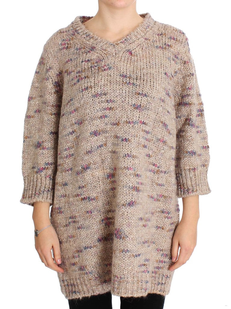 Beige Oversized V-Neck Knitted Sweater