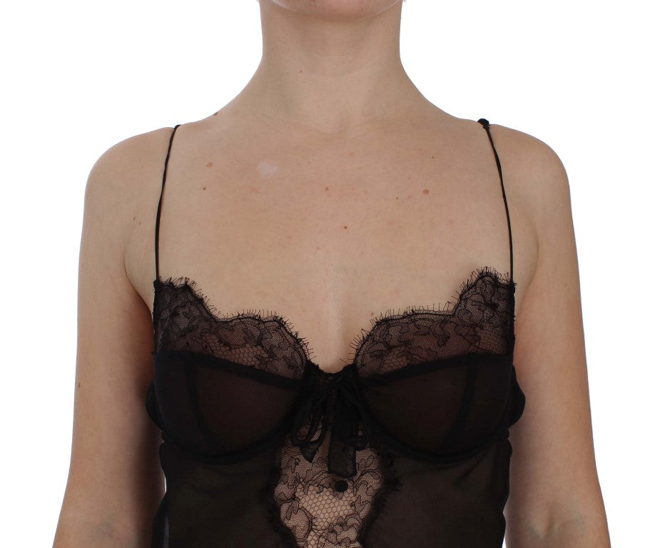 Elegant Black Silk Lace Lingerie Chemise