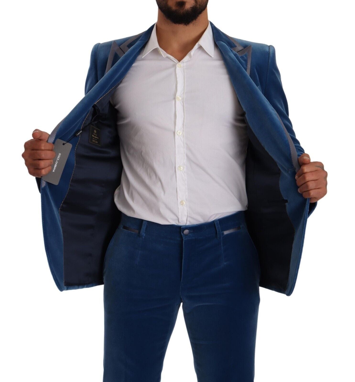 Elegant fluwelen blauw slim fit pak