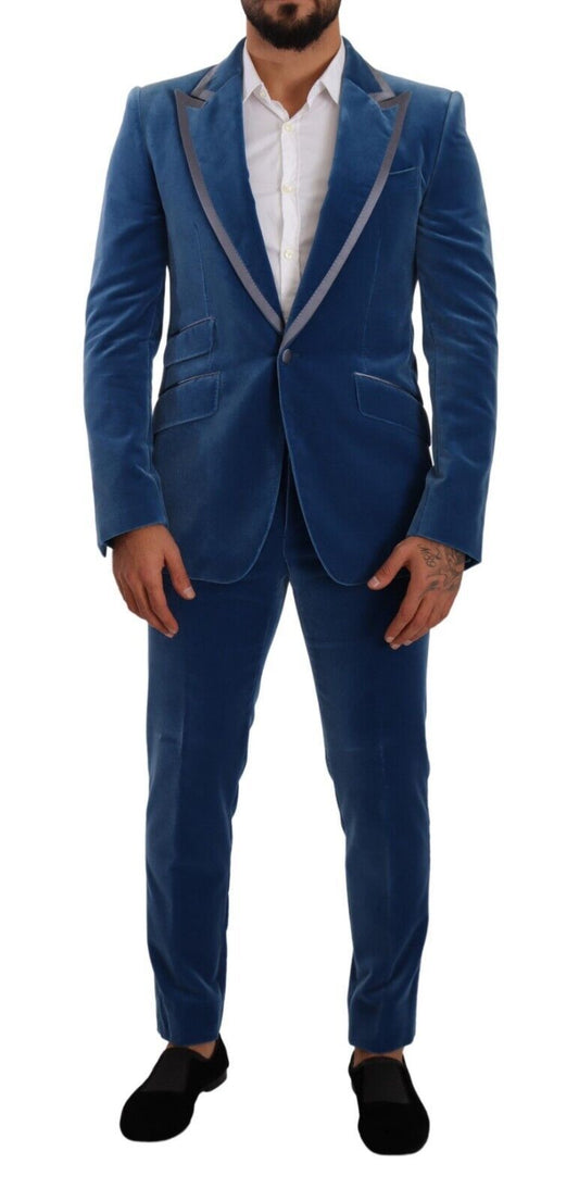 Elegant fluwelen blauw slim fit pak