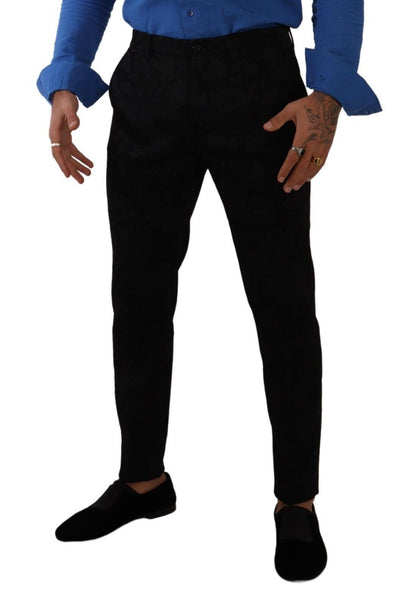 Elegant Slim Fit Dress Pants in Black Brocade