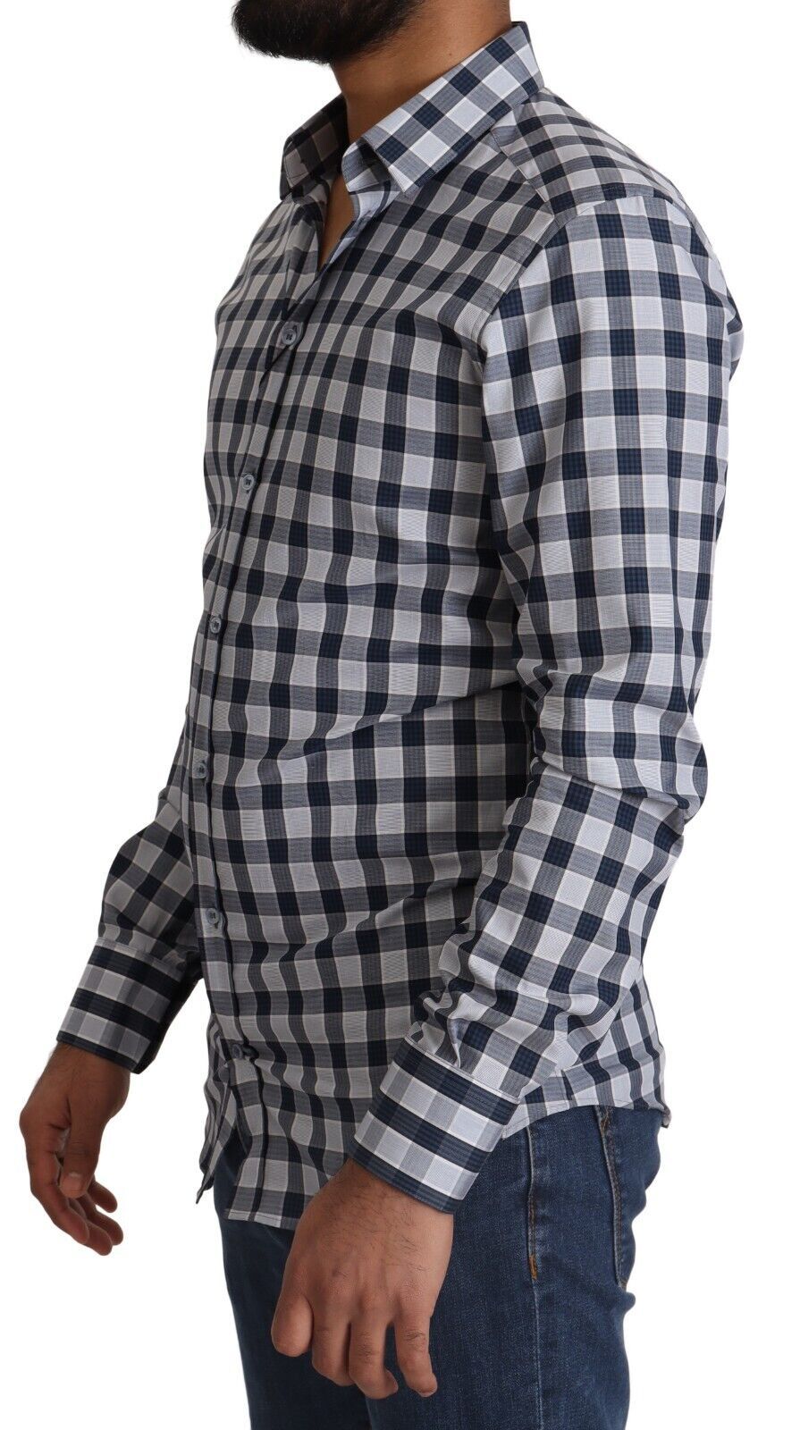 Elegant Blue & White Checkered Slim Fit Dress Shirt