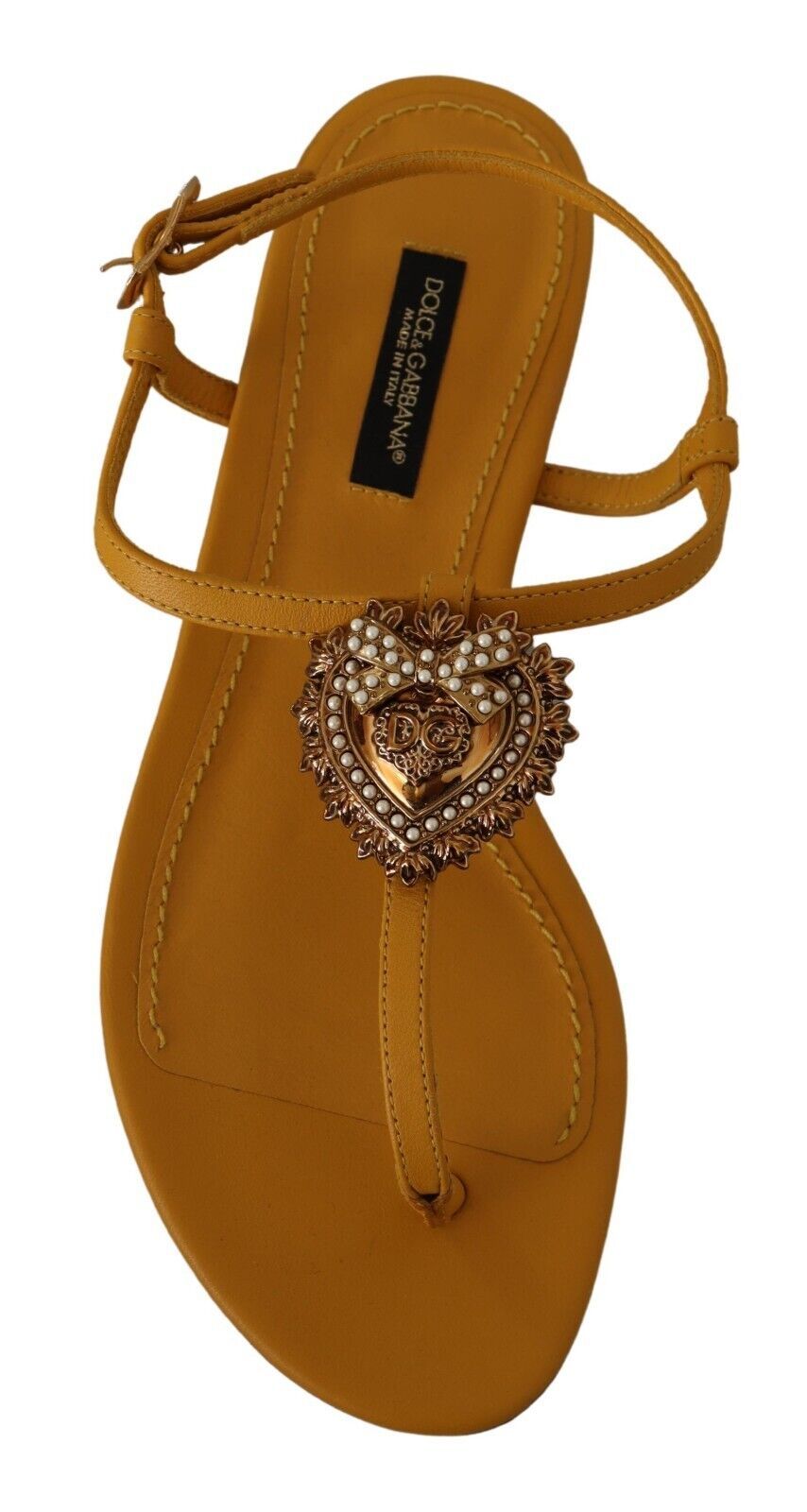 Mustard T-Strap Flat Sandals with Heart Embellishment