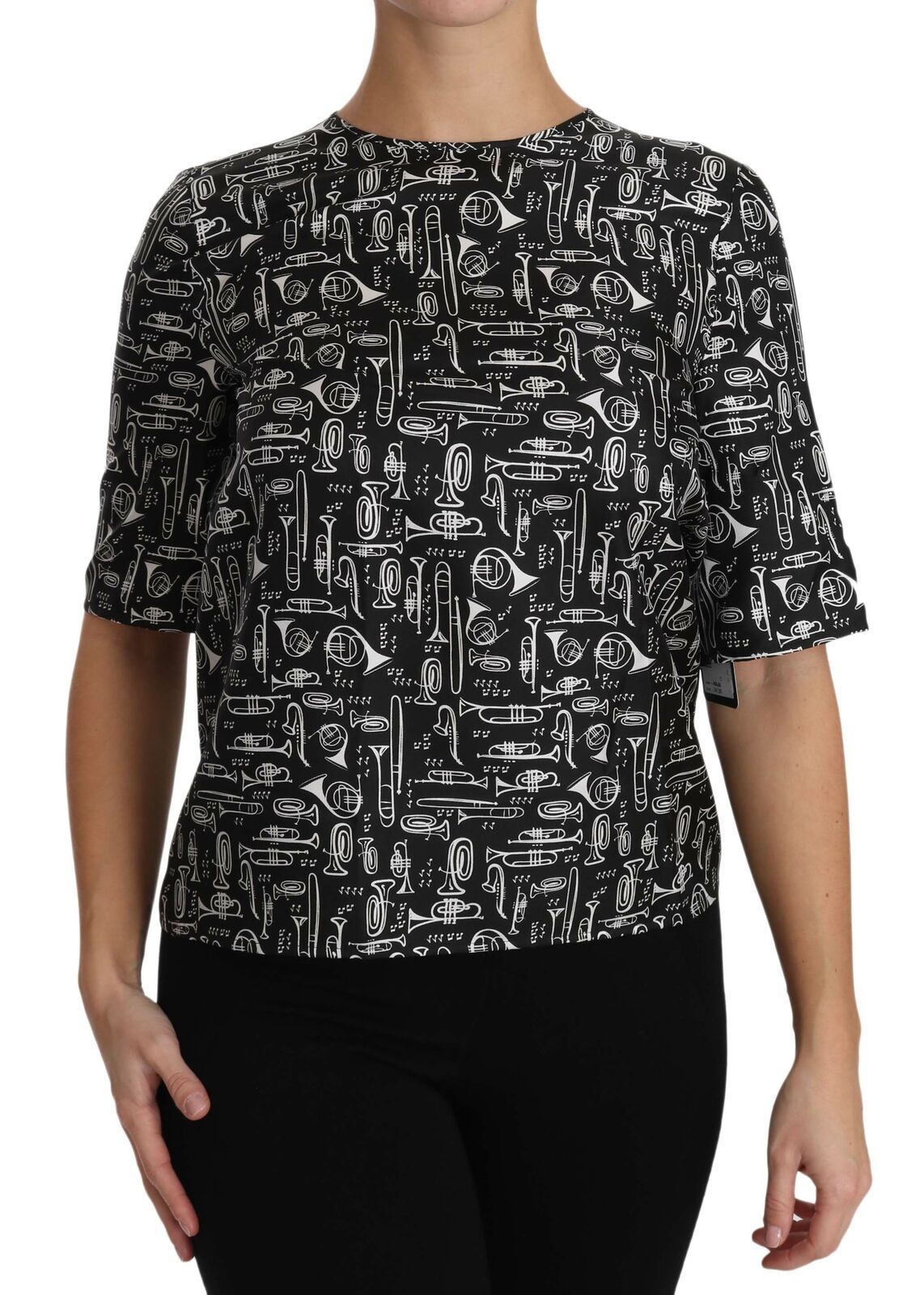 Prachtige zijden blouse met trompetprint