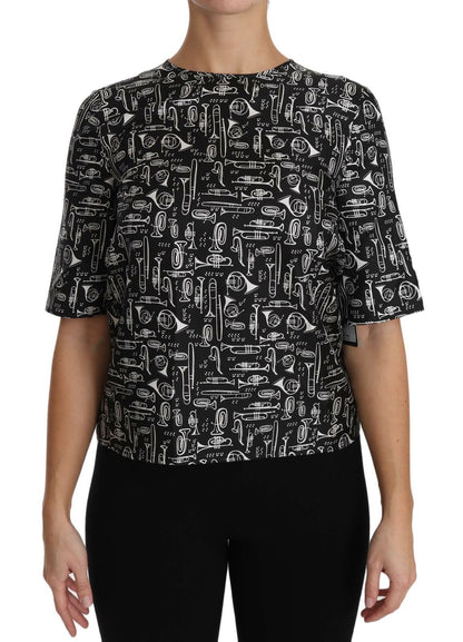 Prachtige zijden blouse met trompetprint