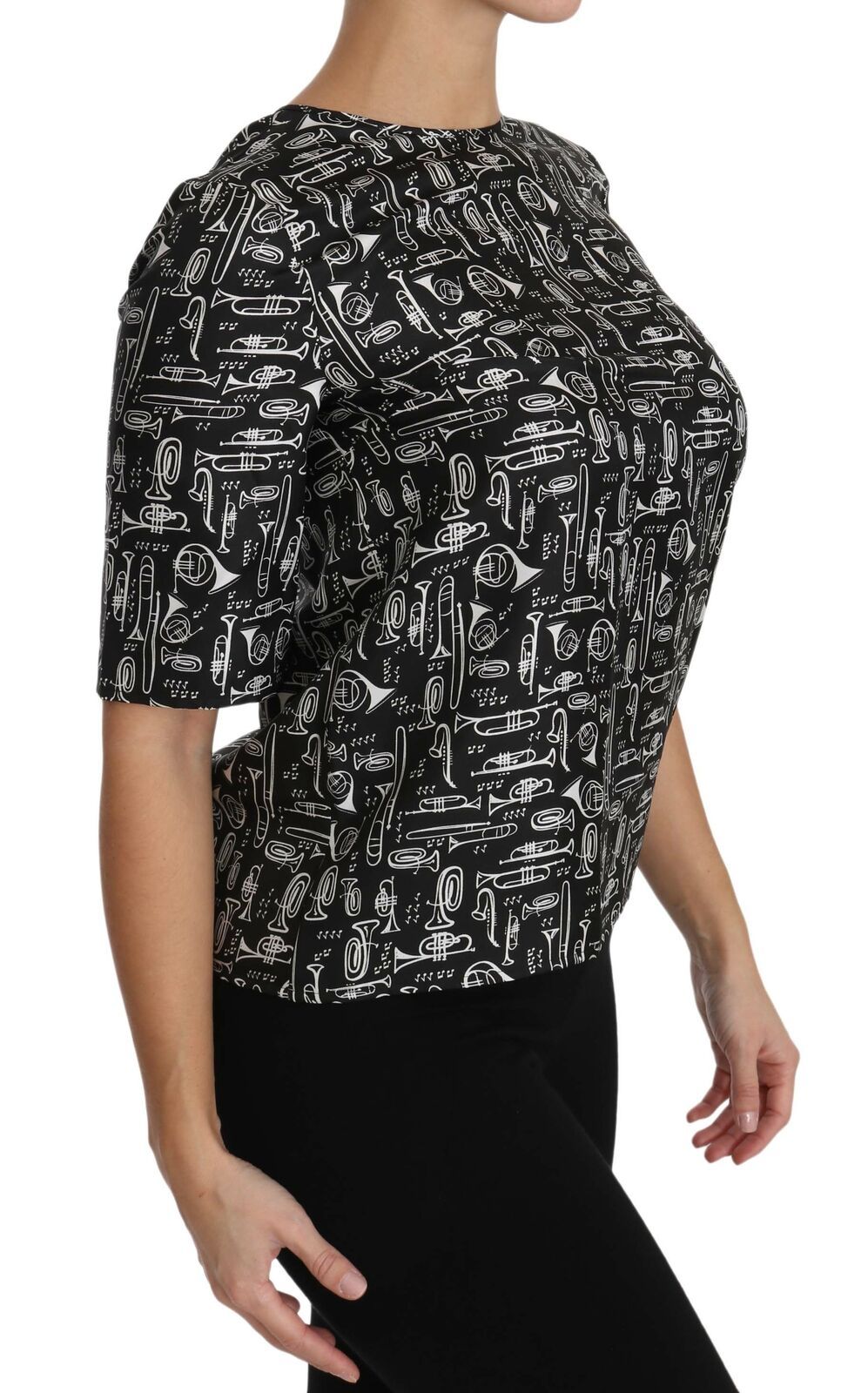 Prachtige zijden blouse met trompetprint