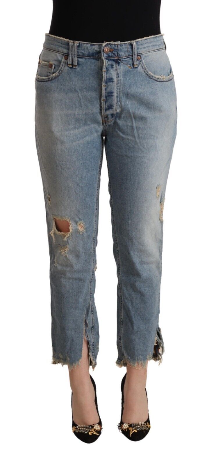 Chique versleten mid-taille cropped denim