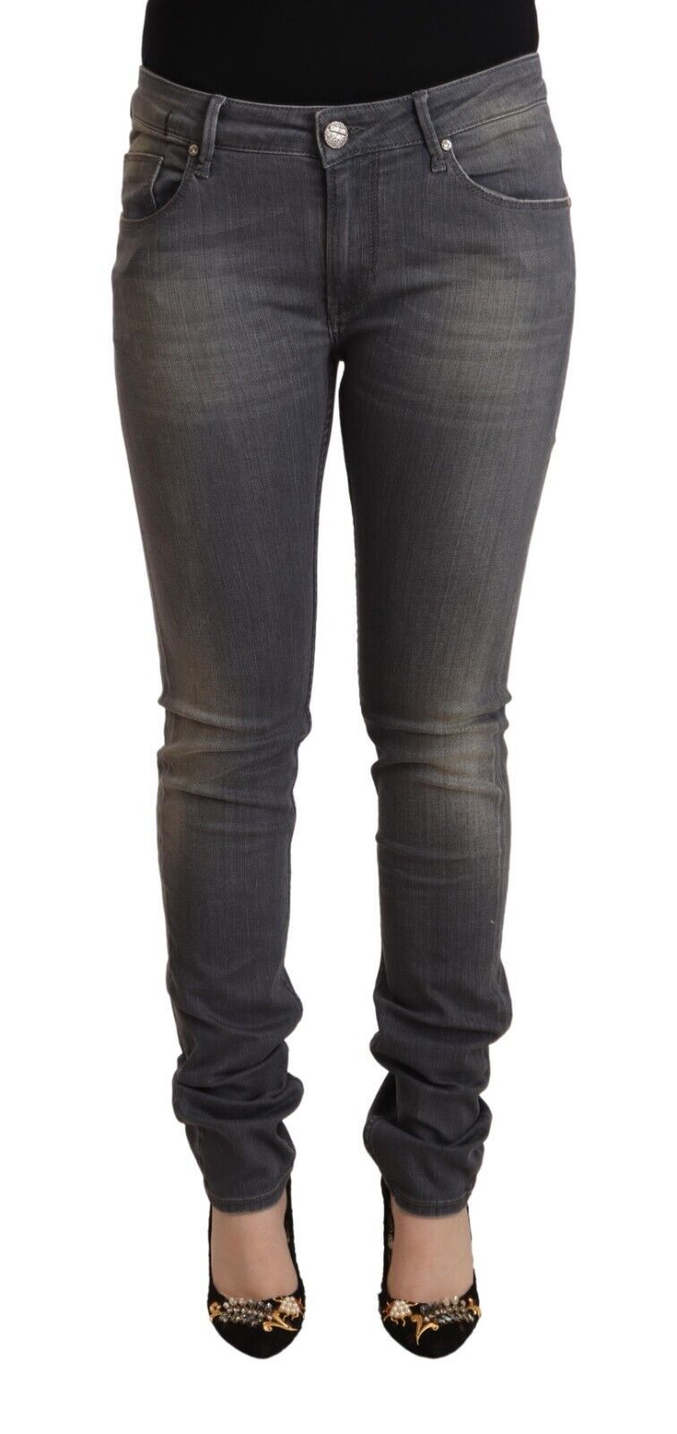 Elegante donkergrijze skinny jeans - lage taille met ritssluiting