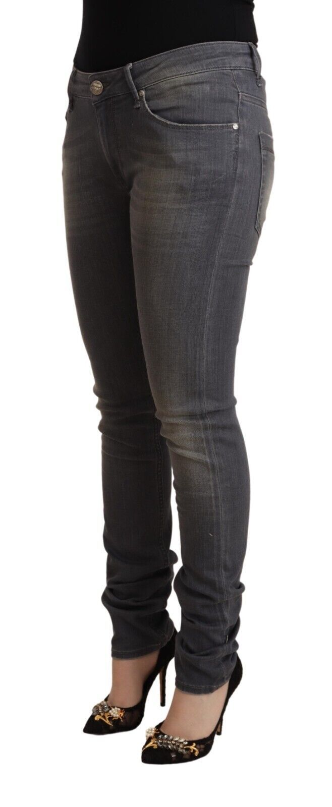 Elegante donkergrijze skinny jeans - lage taille met ritssluiting