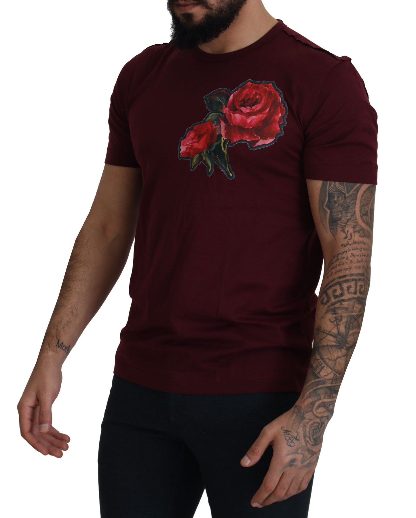 Elegante Bordeauxrode rozenmotief ronde hals T-shirt