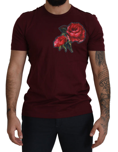 Elegante Bordeauxrode rozenmotief ronde hals T-shirt