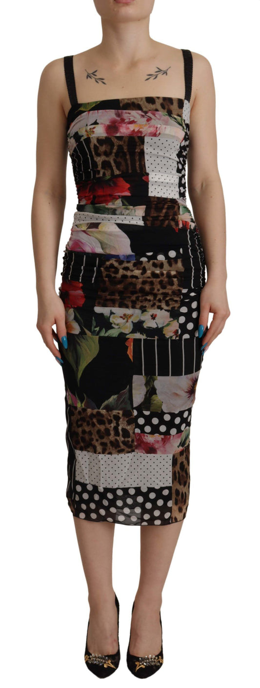 Elegante patchwork midi-jurk van zijdemix