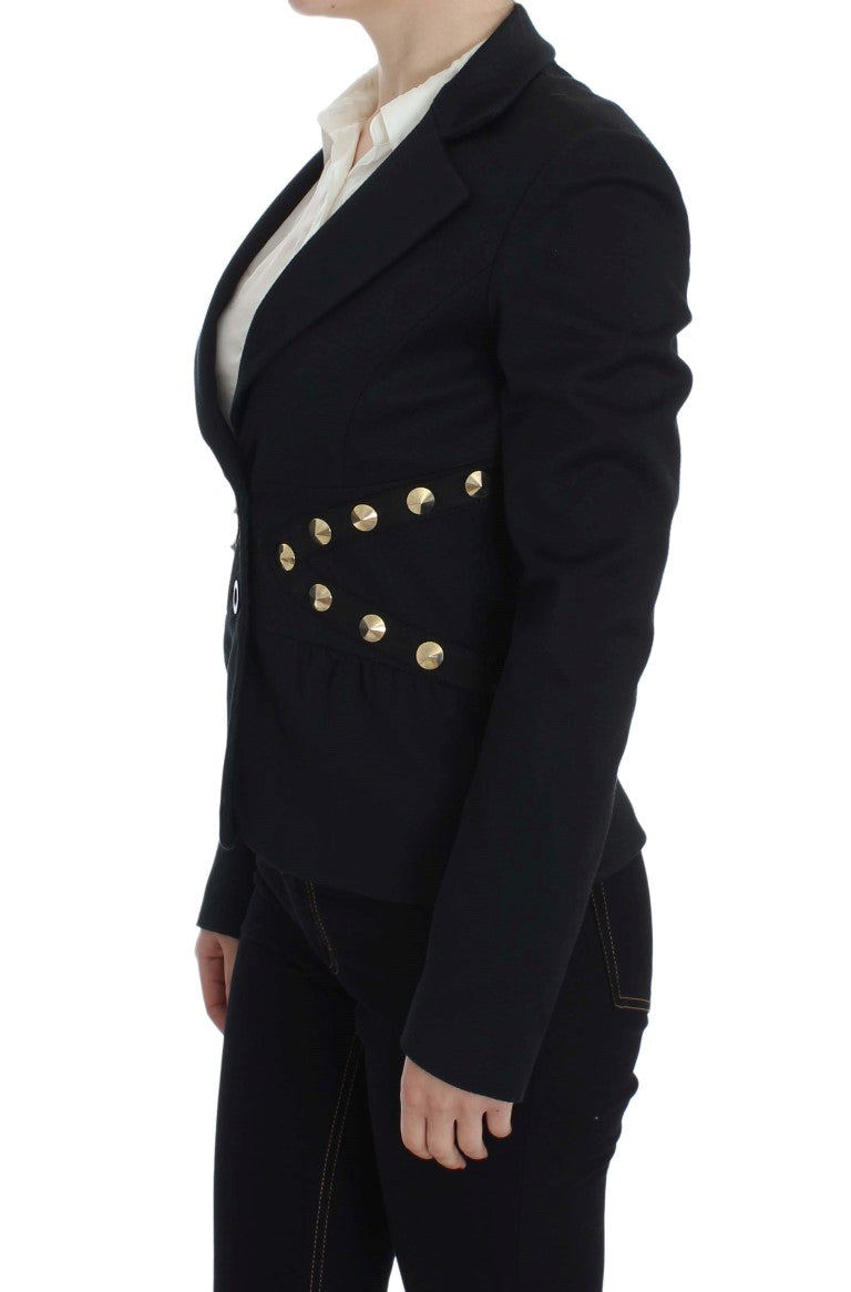 Chique zwarte stretchblazer met gouden knoopdetail