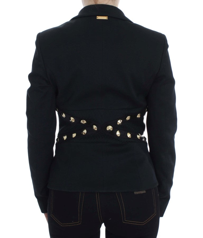 Chique zwarte stretchblazer met gouden knoopdetail