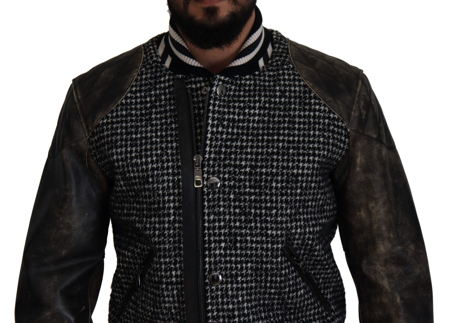 Multicolor Houndstooth Leather Bomber Jacket