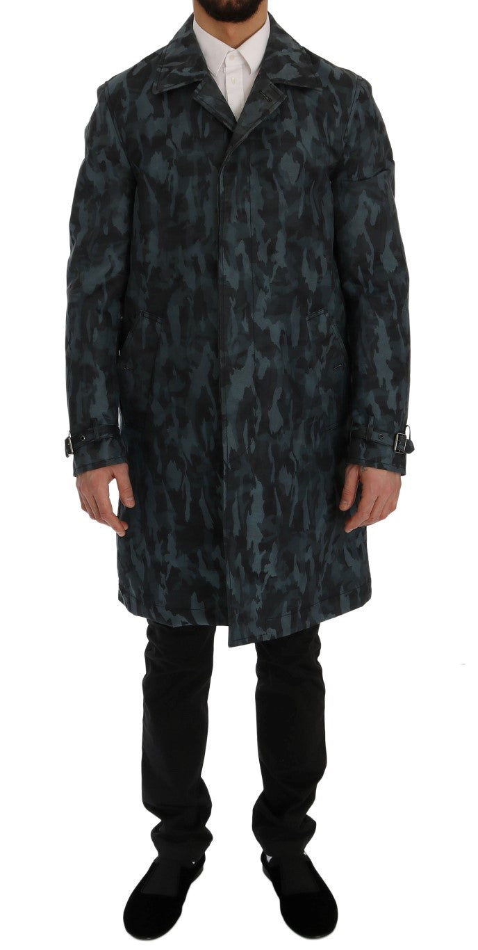 Blauwe camouflage trenchcoat elegantie