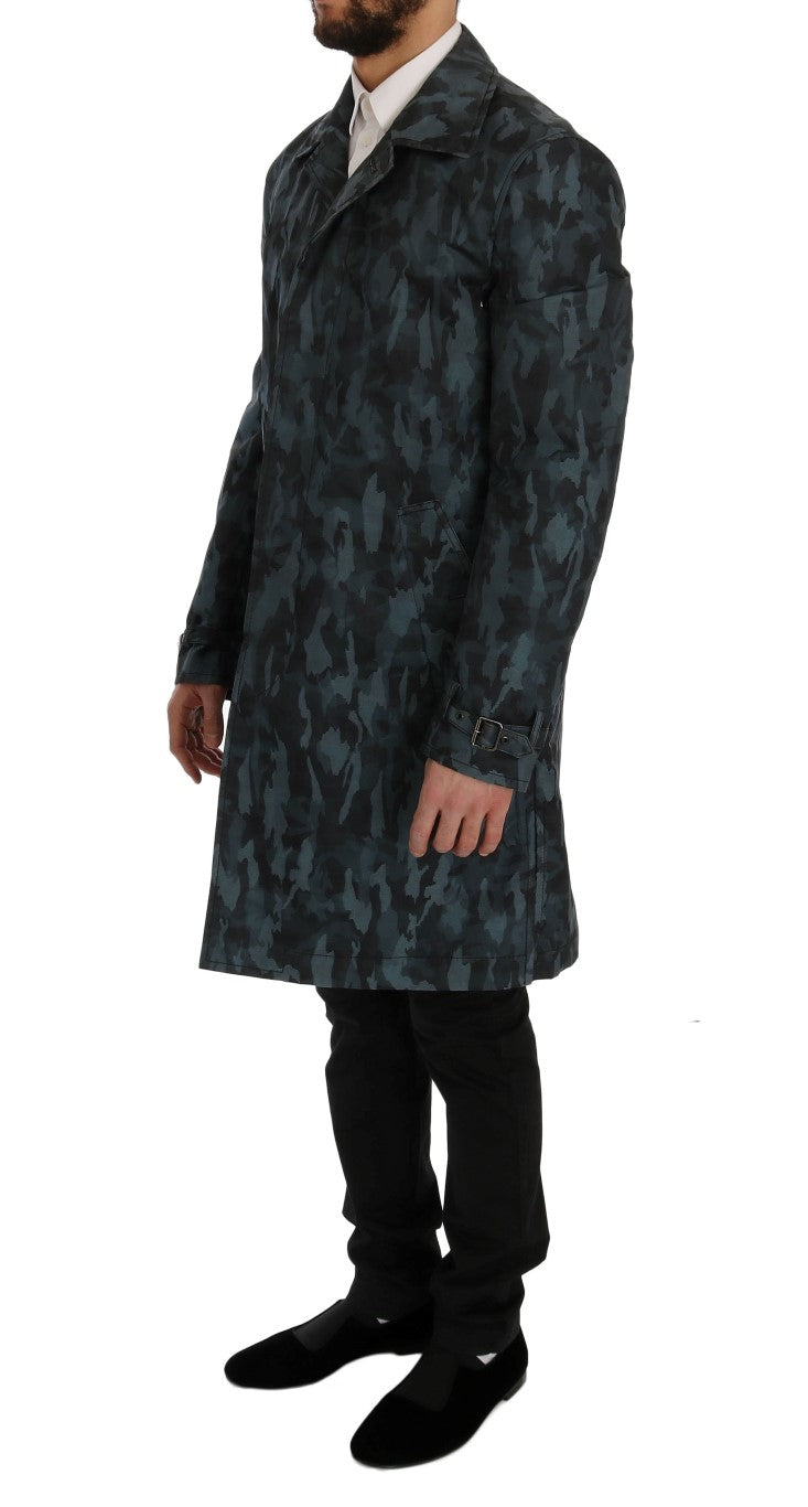 Blauwe camouflage trenchcoat elegantie