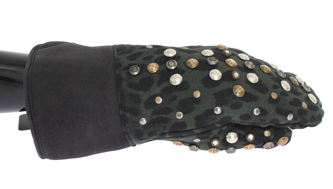 Elegante, met studs versierde grijze wollen handschoenen van schapenvacht