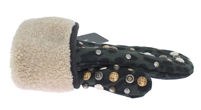 Elegante, met studs versierde grijze wollen handschoenen van schapenvacht