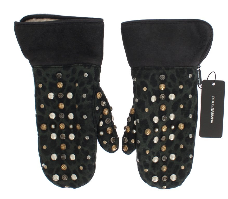 Elegante, met studs versierde grijze wollen handschoenen van schapenvacht