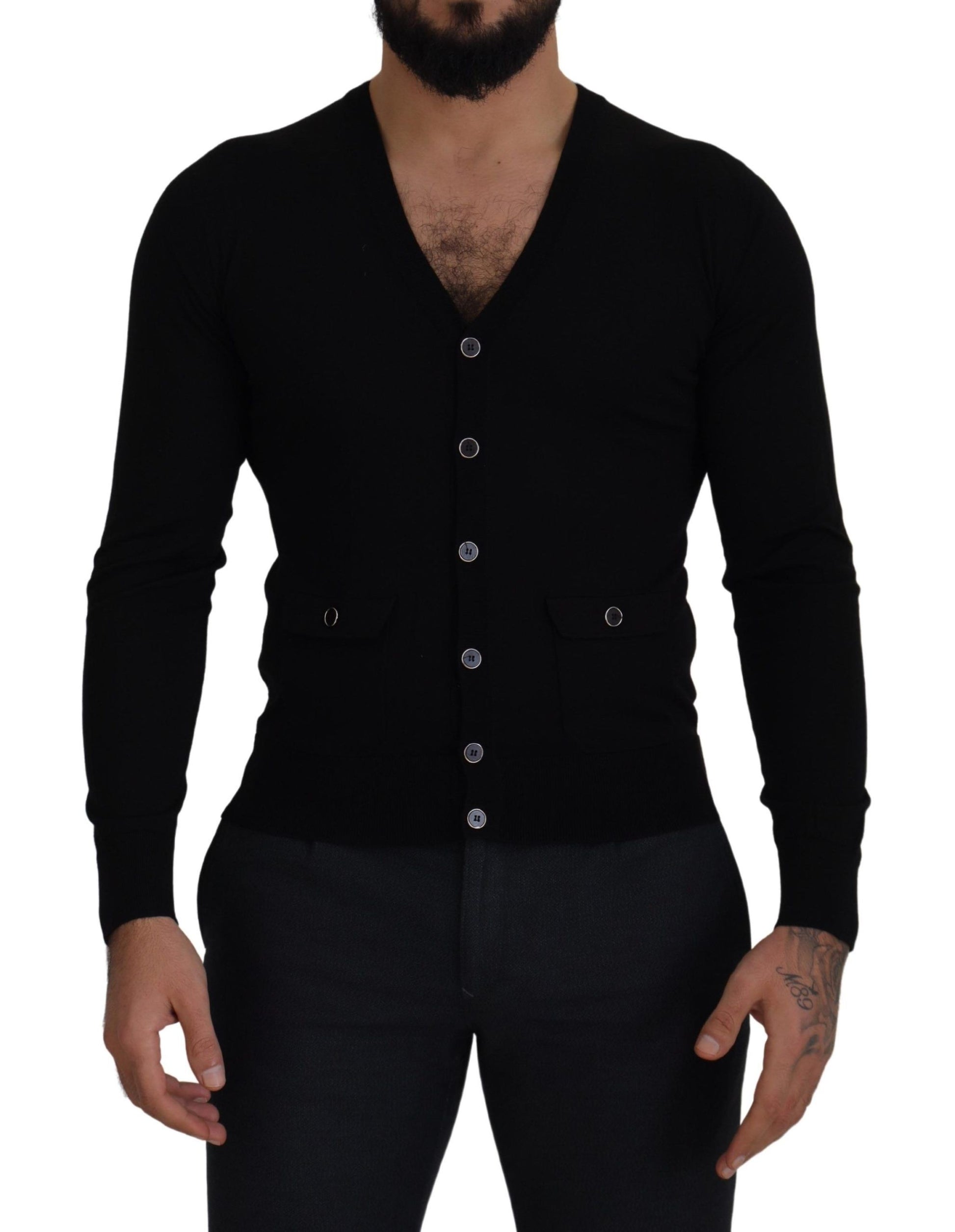 Elegante wollen geknoopte zwarte cardigan