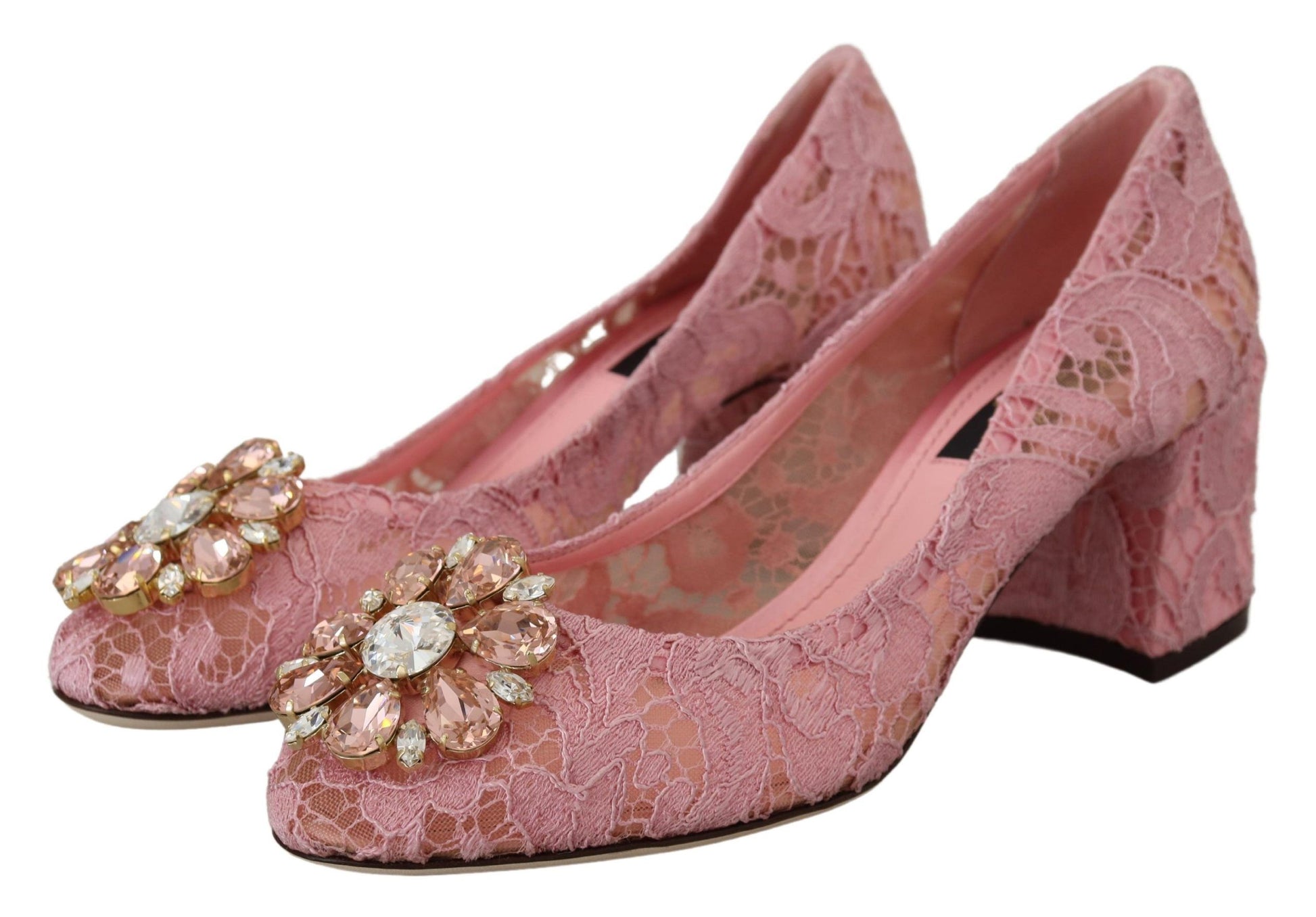 Pastel Pink Lace Crystal Embellished Pumps