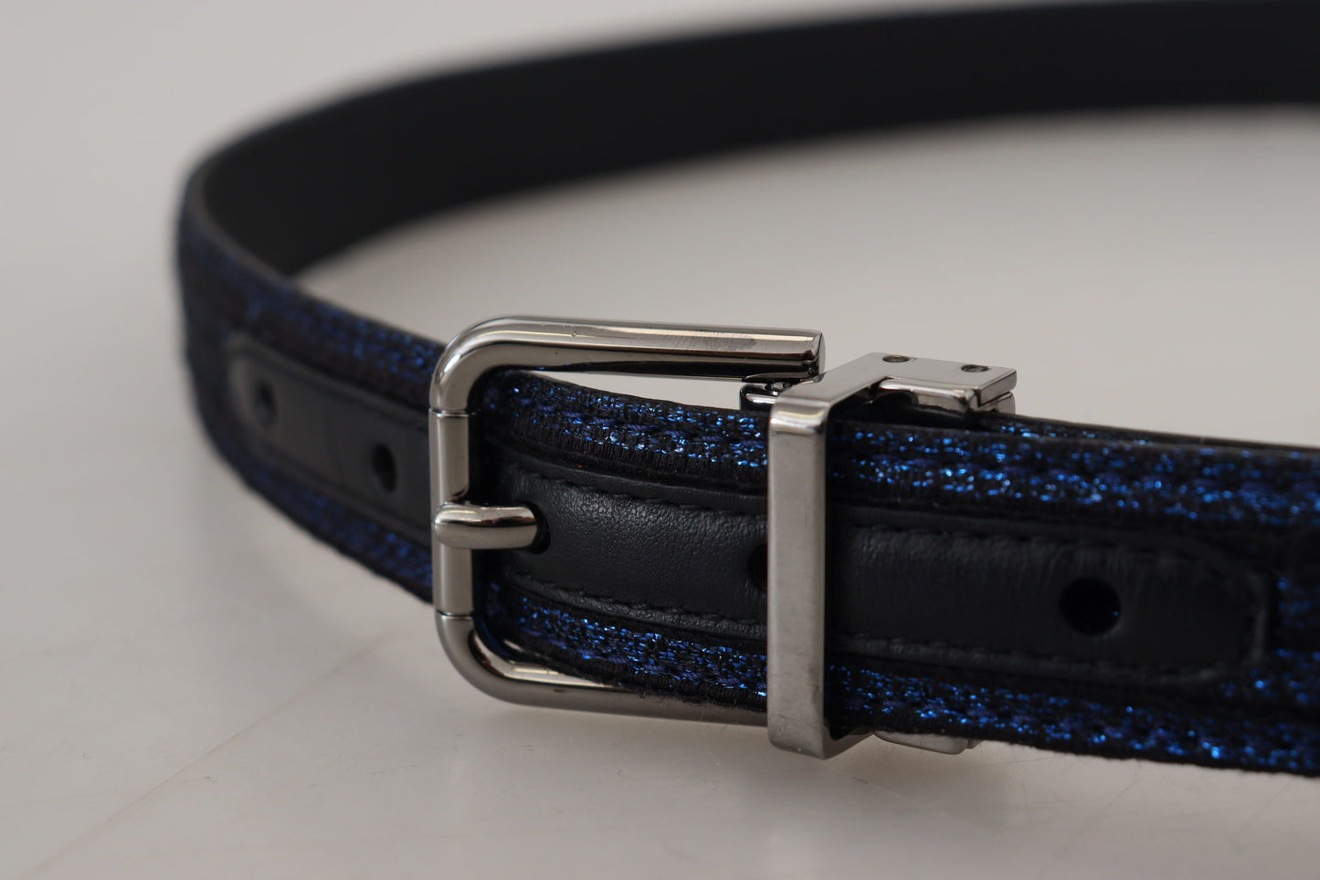 Elegante blauwe jacquard leren riem