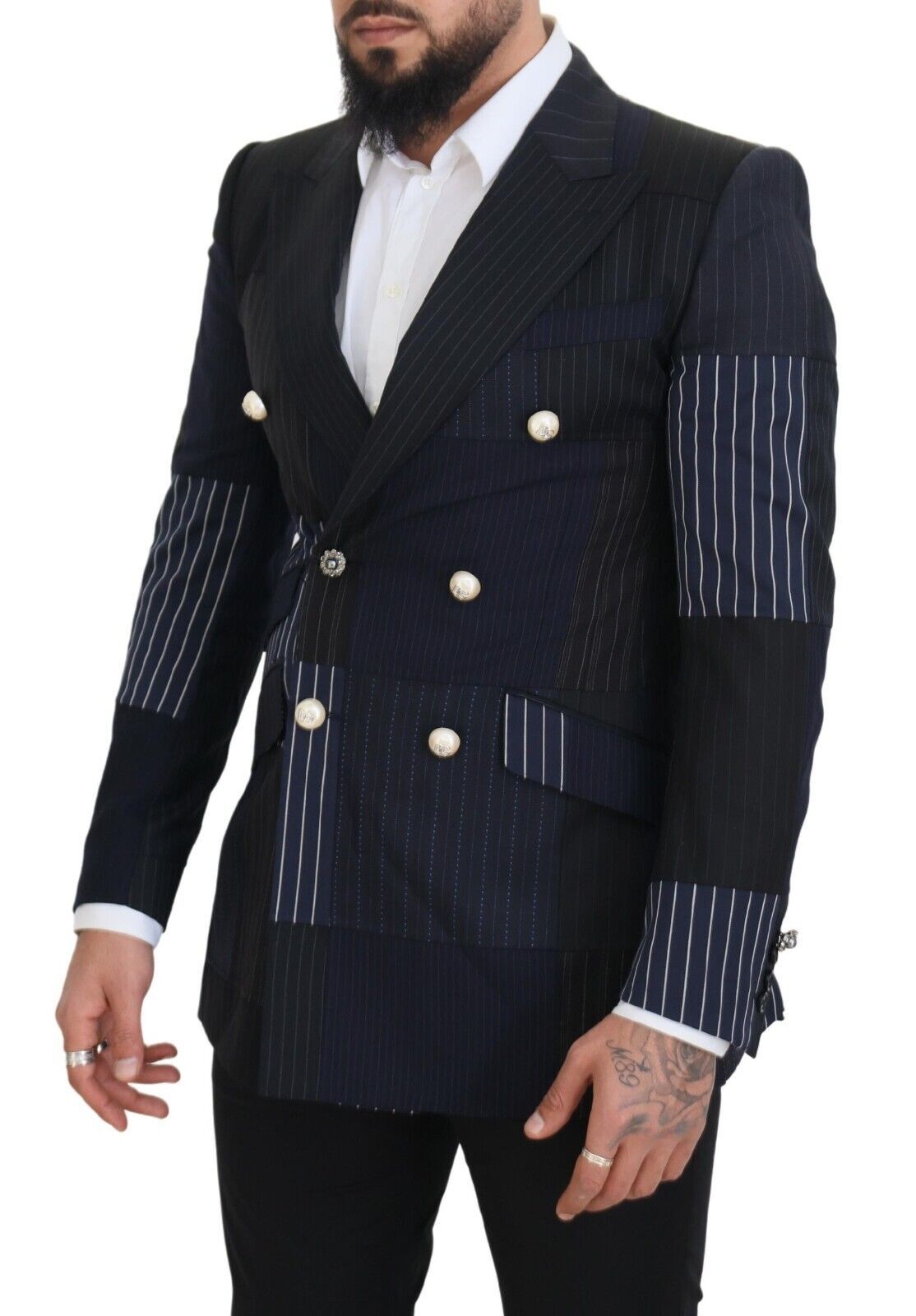 Elegante marineblauwe wollen blazer met dubbele rij knopen