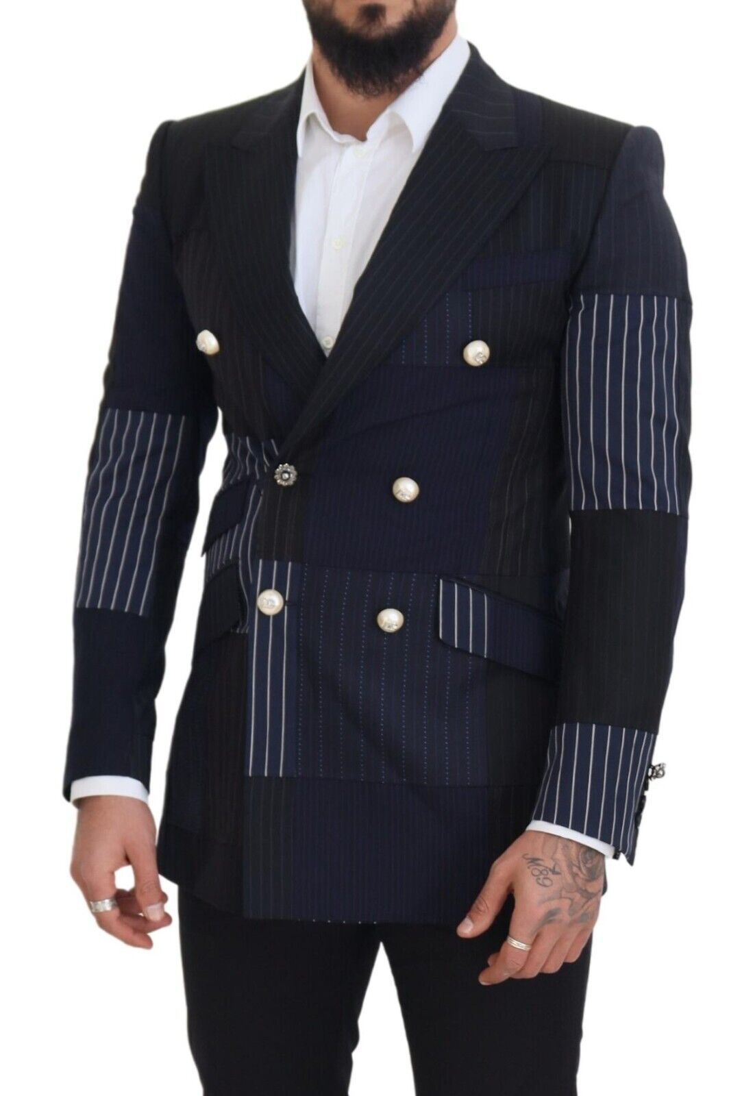 Elegante marineblauwe wollen blazer met dubbele rij knopen