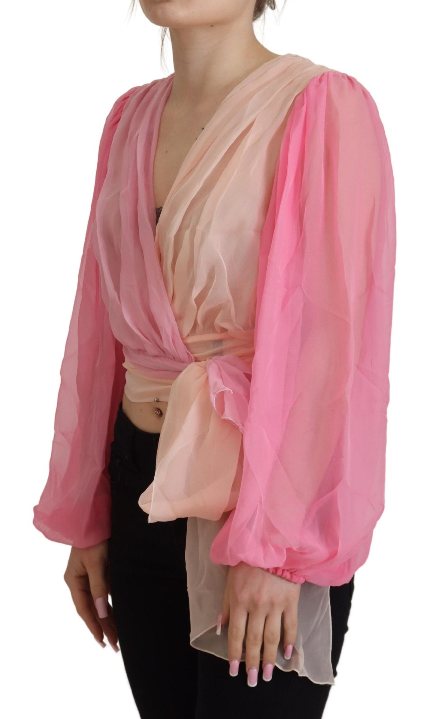 Silk V-Neckline Wrap Blouse in Pink